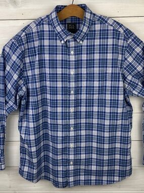Jos A Bank Traveler Blue Check Long Sleeve Mens Button Down Collar Shirt